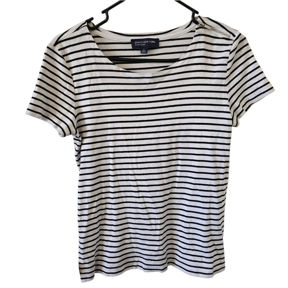 Jones New York Large Black and White Striped Women's Top Zipper Detail